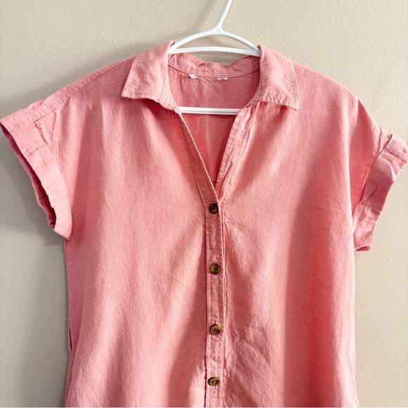 Joe Fresh Pink Button Up Shirt Dress 55% Linen 45% Cotton - Picture 2 of 8